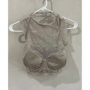 VICTORIA’S SECRET Dream Angels Corset Tulle Lace Rhinestone Bra 36DD Gray Lace